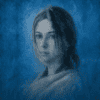 Blue-tone portrait of a woman Hand-drawn blue-tone portrait of a woman with a contemplative expression.