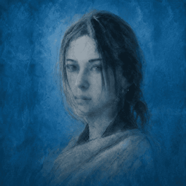 Blue-tone portrait of a woman Hand-drawn blue-tone portrait of a woman with a contemplative expression.