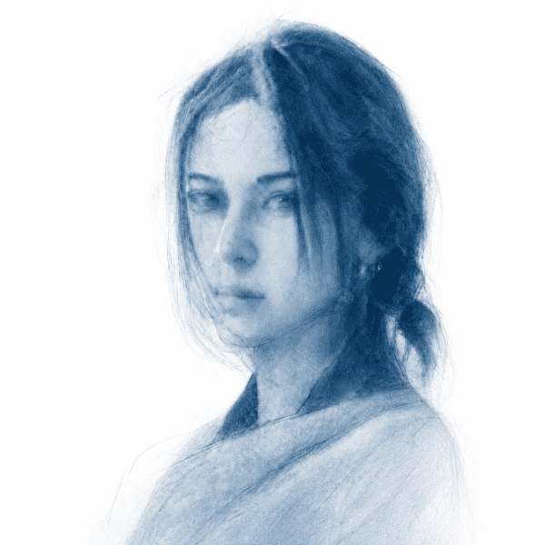 Blue-tone Portrait of a Woman Hand-drawn blue-tone portrait of a woman with a contemplative expression.