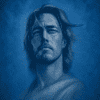 Blue-tone portrait of a man Hand-drawn blue-tone portrait of a man with long hair and a serious expression.