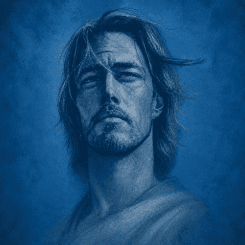 Blue-tone portrait of a man Hand-drawn blue-tone portrait of a man with long hair and a serious expression.