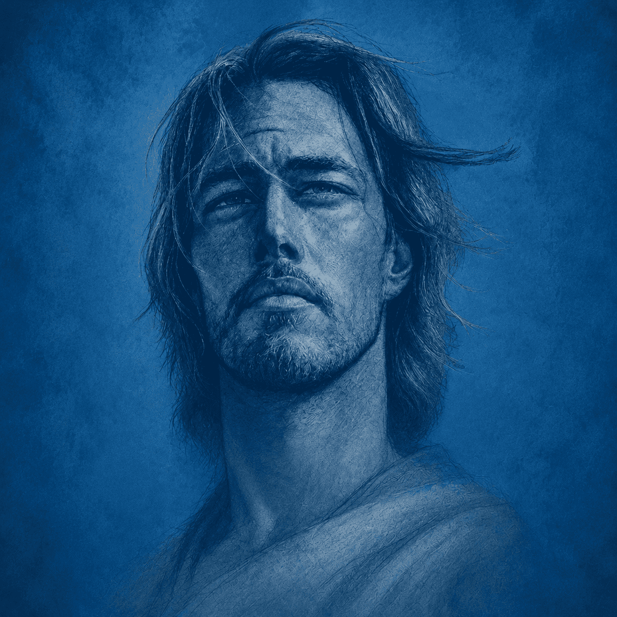 Hand-drawn blue-tone portrait of a man with long hair and a serious expression.