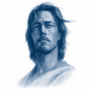 Blue-tone portrait of a man Hand-drawn blue-tone portrait of a man with long hair and a serious expression.