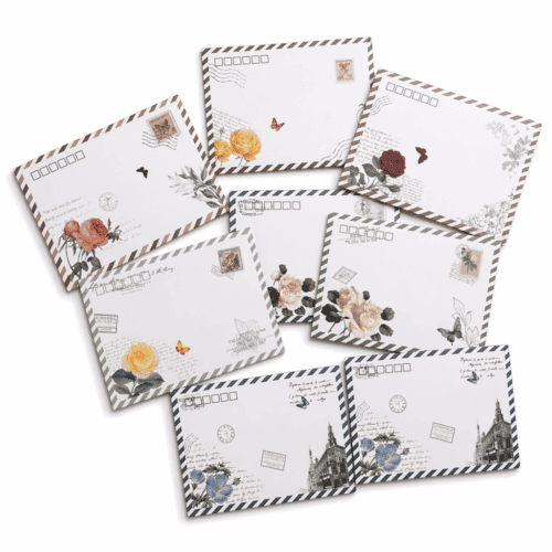 Set of vintage floral handwritten envelopes with butterflies and postal stamps.