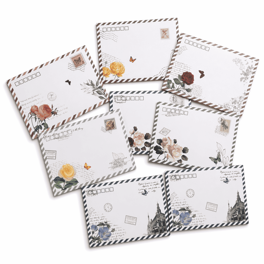Set of vintage floral handwritten envelopes with butterflies and postal stamps.